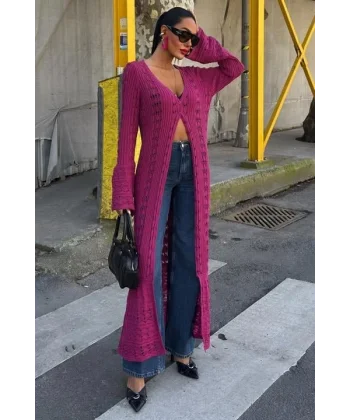 Ajur Uzun Düğmeli Triko Hırka 5181