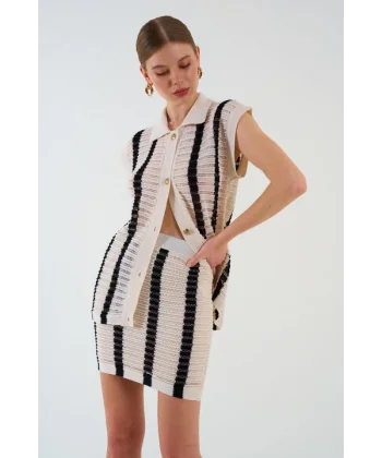 Ajurlu Çizgili Etek Takım  KremSiyah