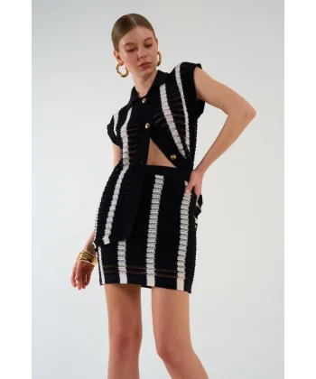 Ajurlu Çizgili Etek Takım  SiyahKrem