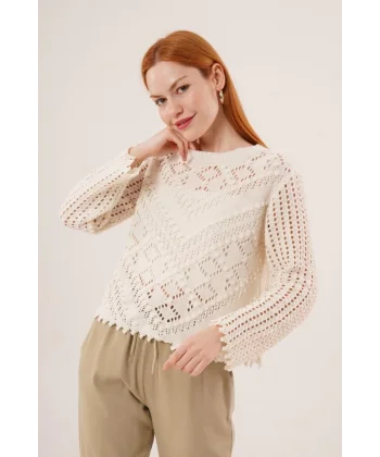 Ajurlu Delikli Model Mevsimlik Krem Kazak