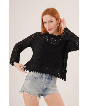 Ajurlu Delikli Model Mevsimlik Siyah Kazak