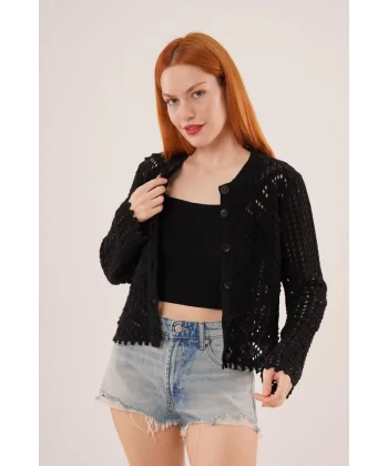 Ajurlu Düğmeli Siyah Hırka