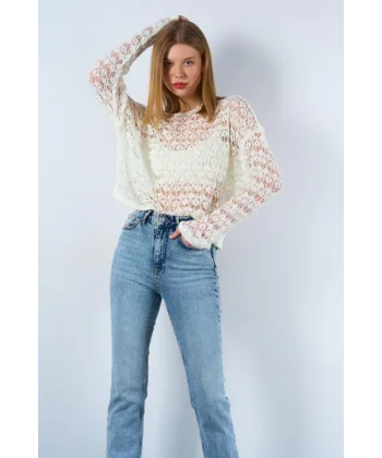 Ajurlu Kendinden Desen Kazak  Ekru