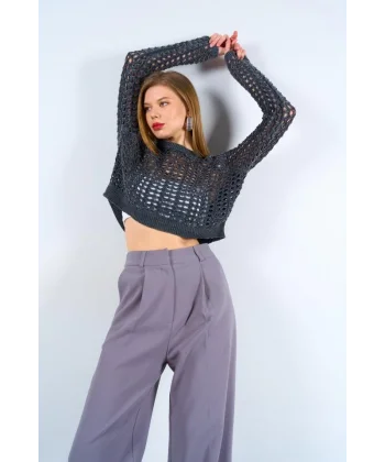 Ajurlu Taş Yıkamalı Kazak  Füme