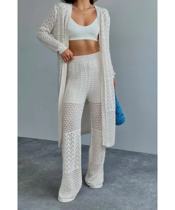 Ajurlu Uzun Hırkalı Takım  Krem