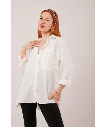 alaş Kesim Cepli Beyaz Gömlek