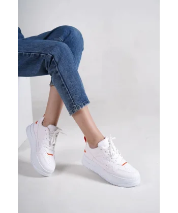 ALESSI Bağcıklı Ortopedik Taban Kadın Sneaker Spor Ayakkabı CBT - Beyaz/Turuncu