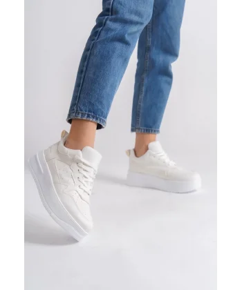 ALESSI Bağcıklı Ortopedik Taban Kadın Sneaker Spor Ayakkabı CBT - Kırık Beyaz