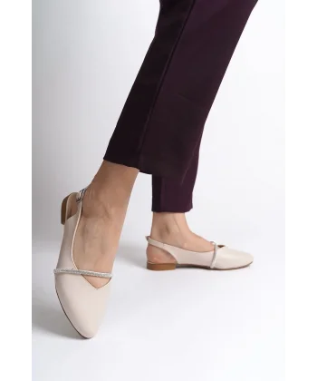 ALLISON Tokalı Ortopedik Rahat Taban Taş Detaylı Kadın Babet Ayakkabı  CKT - Krem