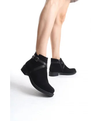 ALMILA Fermuarlı Lastikli Ortopedik Taban Topuklu Süet Kadın Bot SST - Siyah