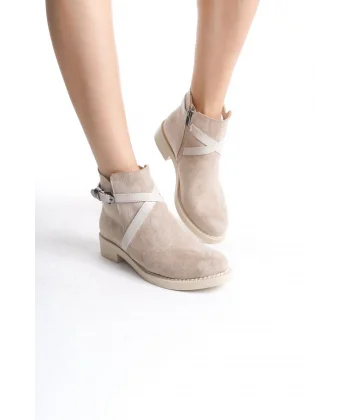 ALMILA Fermuarlı Lastikli Ortopedik Taban Topuklu Süet Kadın Bot  STT - Ten