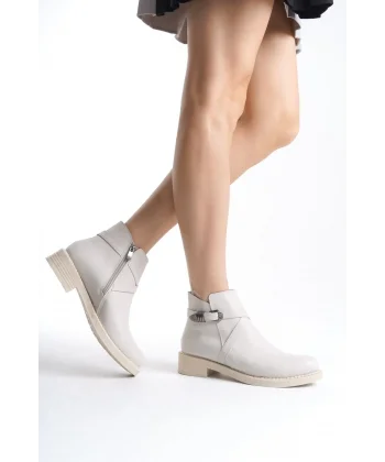 ALMILA Fermuarlı Lastikli Ortopedik Taban Topuklu Kadın Bot  CKT - Krem