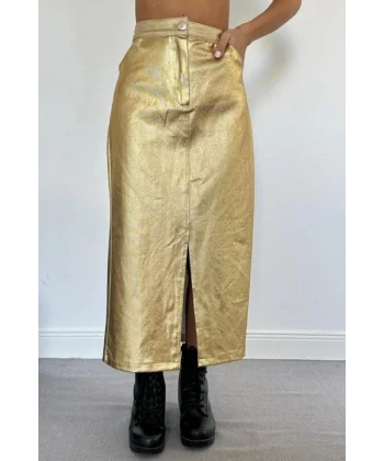 Altın Varaklı Gabardin Yırtmaçlı Etek