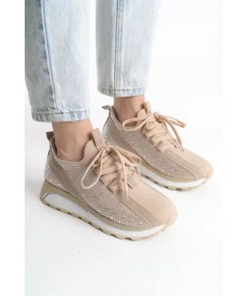 ALYA Bağcıklı Ortopedik Taban Taşlı Kadın Sneaker Spor Ayakkabı CBT - Krem