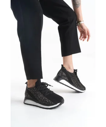 ALYA Bağcıklı Ortopedik Taban Taşlı Kadın Sneaker Spor Ayakkabı CBT - Siyah