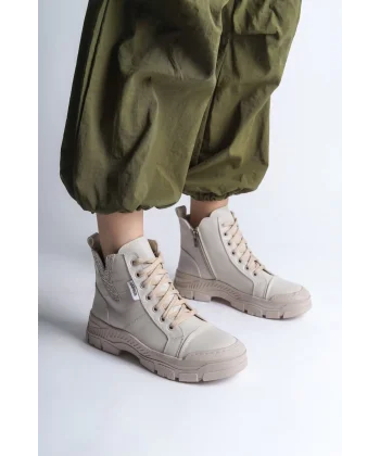 AMBER Bağcıklı Fermuarlı Ortopedik Taban Kadın Bot  CKT - Krem