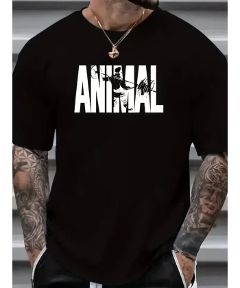 ANIMAL Desen Baskı Erkek Oversive Tişört, Grafik Tişört Erkek Yazlık Outdoor Kıyafetleri, Sporda ve Günlük Giyime Uygun  - Siyah