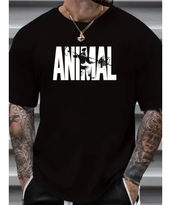 ANIMAL Desen Baskı Erkek Oversive Tişört, Grafik Tişört Erkek Yazlık Outdoor Kıyafetleri, Sporda Ve Günlük Giyime Uygun  - Siyah