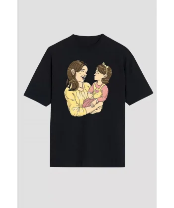 Anneler Gününe Özel Tasarım Anne Kız Baskılı T-shirt - Siyah