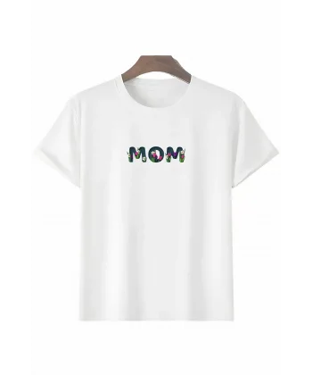 Anneler Gününe Özel Tasarım mom Çiçek Baskılı T-shirt - Beyaz
