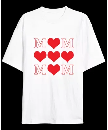 Anneler Gününe Özel Tasarım MOM Kalp Baskılı T-shirt - Beyaz