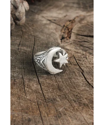 Antik Gümüş Renk Ay Yıldız Model Ayarlanabilir Erkek Yüzük