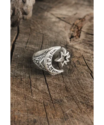 Antik Gümüş Renk Ay Yıldız Model Göktürkçe Türk İşleme Ayarlanabilir Erkek Yüzük
