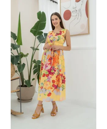 arı Çiçek Desenli Yazlık Elbise