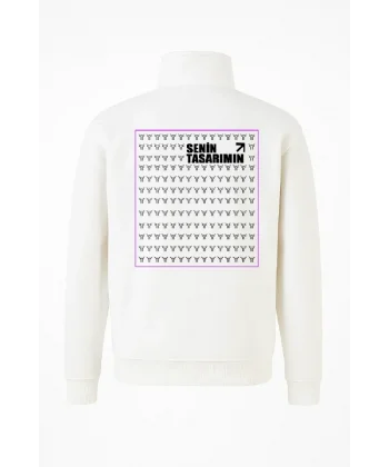 Arka Yarım Fermuarlı Oversize Yakalı Basic SweatShirt - Beyaz