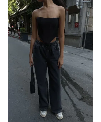 Arkadan Yırtmaçlı Jeans Kot Palazzo Pantolon  iyah