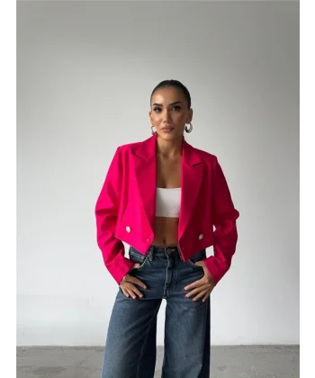 ARKAI İNCİ DÜĞE DETAYI CROP CEKET  Fuşya