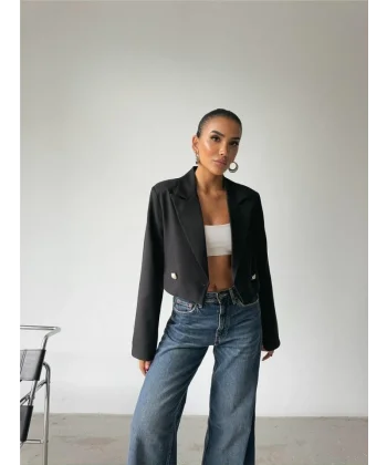 ARKAI İNCİ DÜĞE DETAYI CROP CEKET  iyah