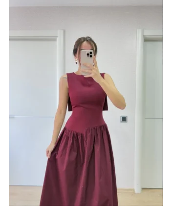 Arkası Kanatlı Uzun Elbise- Bordo