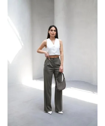 Arkasi Lasti̇kli̇ Pi̇leli̇ Dökümlü Wide Leg Pantolon