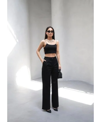 Arkasi Lasti̇kli̇ Pi̇leli̇ Dökümlü Wide Leg Pantolon