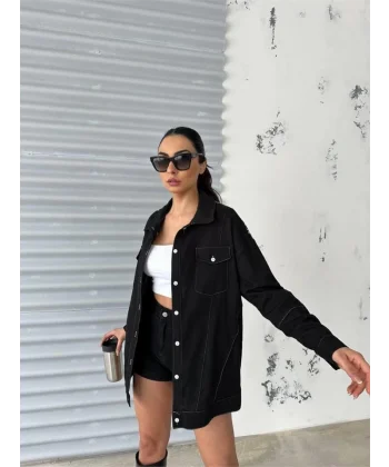 ARKASI NAKIŞLI GÖMLEK - Siyah