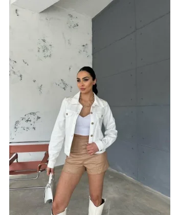 ARKASI NAKIŞLI PÜSKÜLLÜ CROP CEKET - Beyaz