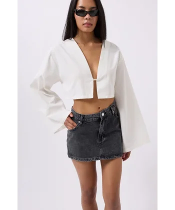 Asimetrik Bel Denim Mini Etek