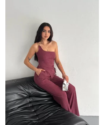 Asimetrik Crop Pantalon ikili Takım - Gül Kurusu