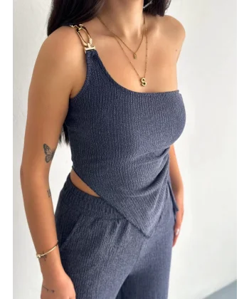 Asimetrik Crop Pantalon ikili Takım - Lacivert