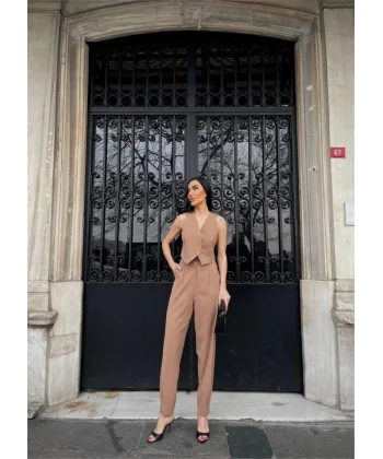 ASİMETRİK DÜĞME YELEK - PAÇA PENS PANTOLON TAKIM - Kahverengi