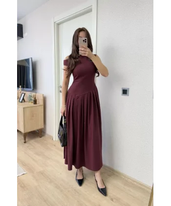 Asimetrik düşük yaka Kolsuz Uzun Elbise - Bordo