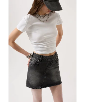 Asimetrik Kemer Denim Mini Etek