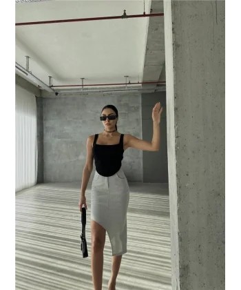 ASİMETRİK KESİM ETEK VİSKON - Gri