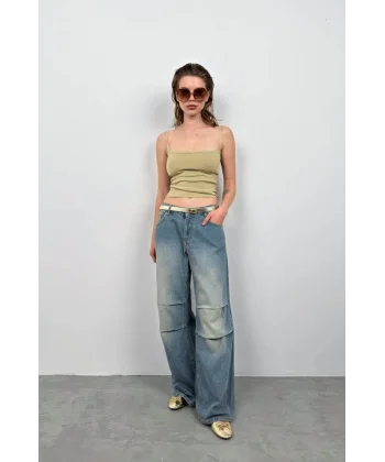 Askı Detay Parlak Triko Bluz