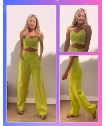 Askı Detaylı Crop Ve Pantolon Takım  Açık Yeşil