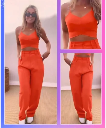 Askı Detaylı Crop Ve Pantolon Takım  Turuncu