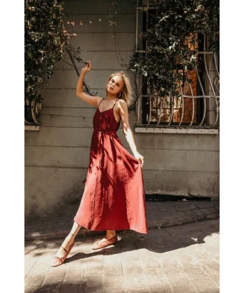 Askılı Basic Uzun Elbise - Açık Bordo