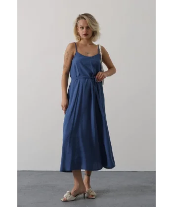 Askılı Basic Uzun Elbise - İndigo