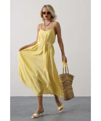 Askılı Basic Uzun Elbise - Sarı